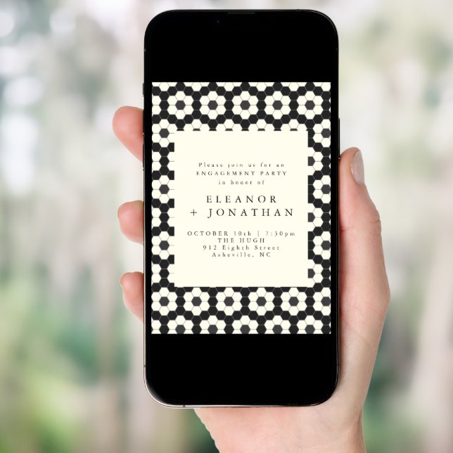 Retro Black White Geometric Tile Engagement Party  Invitation (Front Digital)