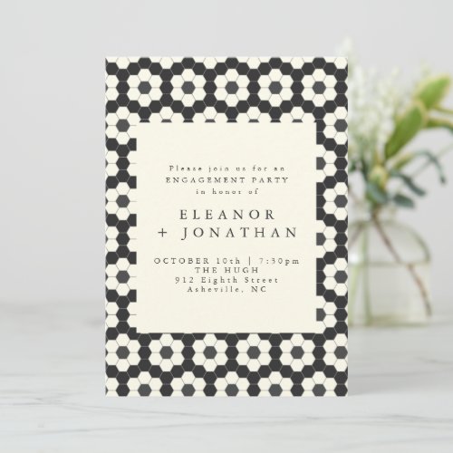 Retro Black White Geometric Tile Engagement Party  Invitation