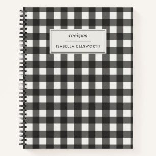 Retro Black White Gingham Plaid Custom Name Recipe Notebook