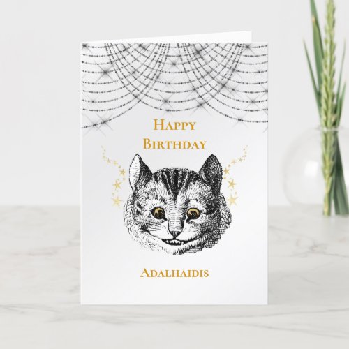 Retro Black White Gold Cheshire Cat Face Birthday Card