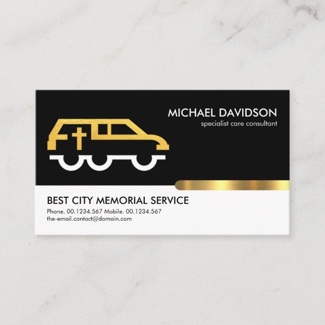 Retro Black White Gold Tab Memorial Service Business Card (Front)