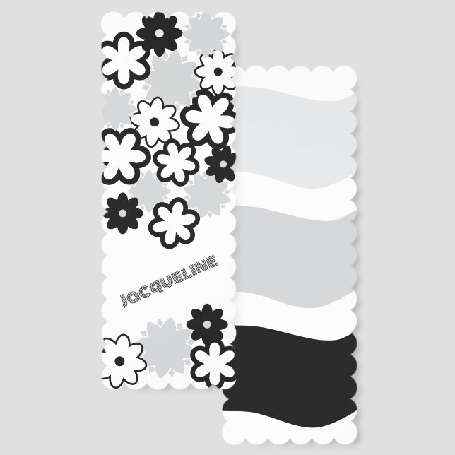 Retro Black White Grey Floral Bookmark (Front & Back)