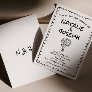 Retro Black White Hand Drawn Funky Quirky Wedding Invitation