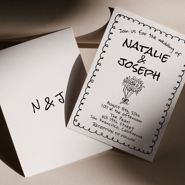 Retro Black White Hand Drawn Funky Quirky Wedding Invitation (Creator Uploaded)
