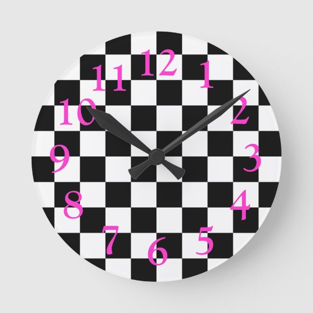 Retro Black/White/Hot Pink Checkerboard Pattern Round Clock (Front)