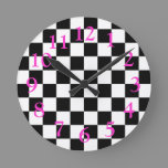 Retro Black/White/Hot Pink Checkerboard Pattern Round Clock