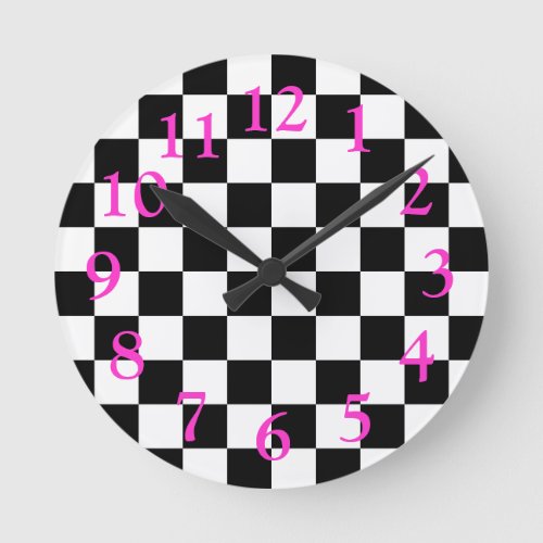 Retro BlackWhiteHot Pink Checkerboard Pattern Round Clock