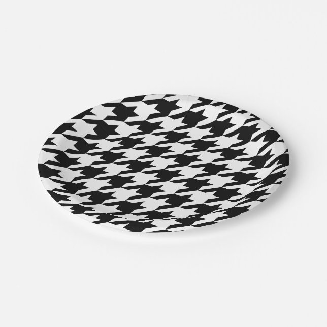 Retro Black White Hounds-tooth weaving pattern Paper Plates (Angled)