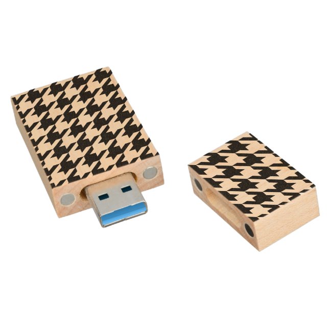 Retro Black White Hounds-tooth Weaving Pattern Wood Flash Drive (Angled)
