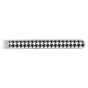 Retro Black White Houndstooth Weaving Pattern Silver Finish Tie Bar