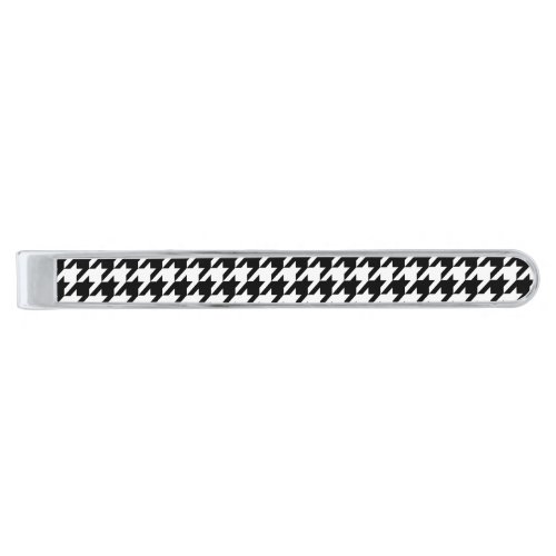 Retro Black White Houndstooth Weaving Pattern Silver Finish Tie Bar