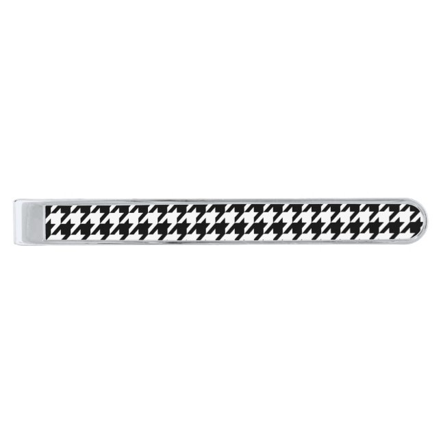 Retro Black White Houndstooth Weaving Pattern Silver Finish Tie Bar (Front)