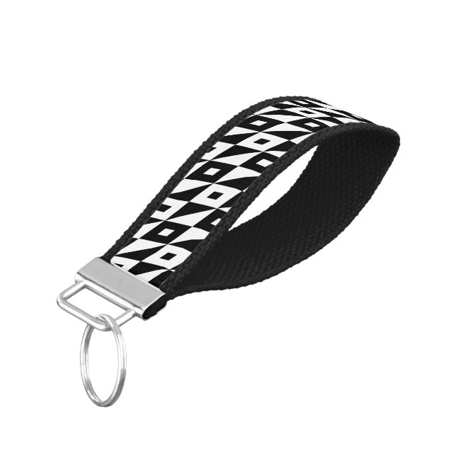 Retro Black White Lozenges Modern Pattern Wrist Keychain (Angled Down)