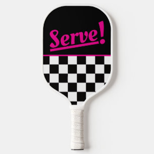 Retro Black White Neon Pink "Serve!" Checkerboard Pickleball Paddle