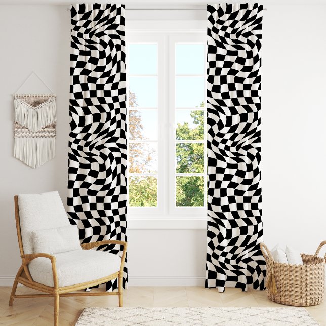 Retro Black White Optical Illusion Wavy Checkered Blackout Curtains (Creator Uploaded)