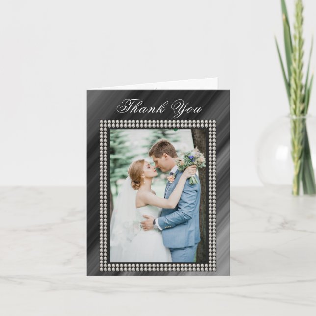Retro Black & White Pearls Two Pictures Thanks Card (Front)