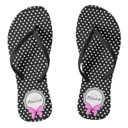 Retro black white polka dot pink bow name womens flip flops