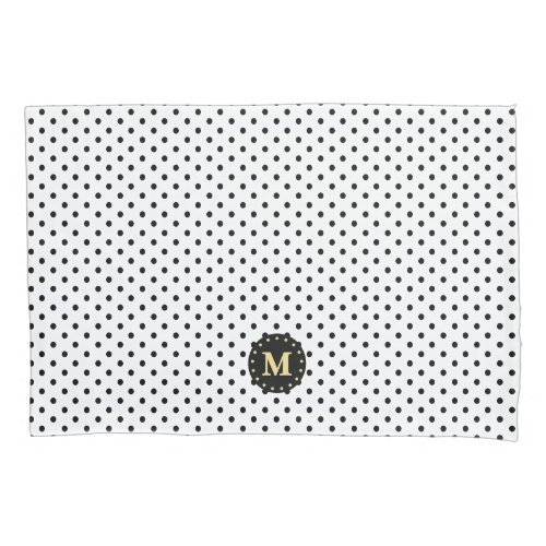 Retro Black White Polka Dots Pattern Gold Monogram Pillow Case