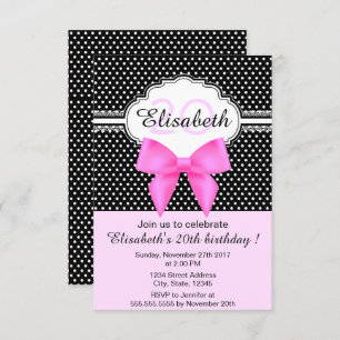 Retro black white polka dots pink girly birthday invitation