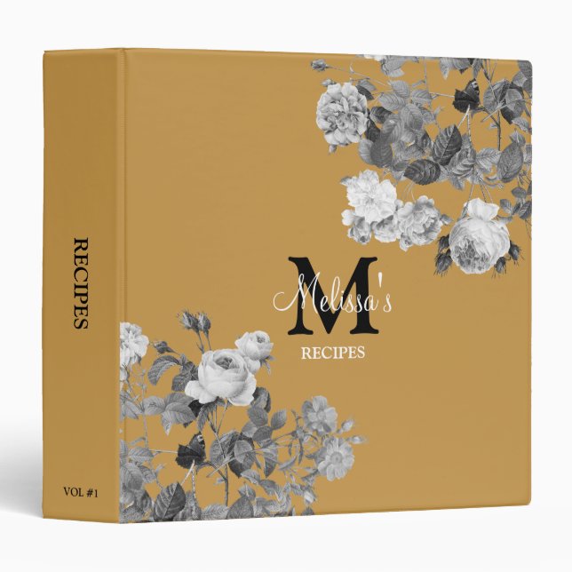 Retro Black White Roses Mustard Yellow Recipe 3 Ring Binder (Front/Spine)
