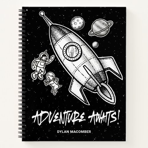 Retro Black White Space Travel Rocket Astronaut Notebook