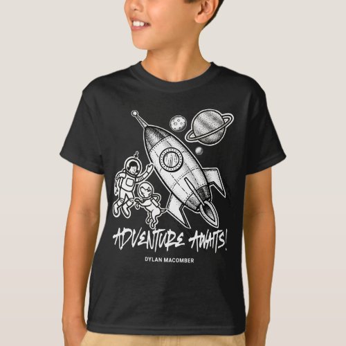 Retro Black White Space Travel Rocket Astronaut T_ T_Shirt