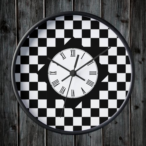 Retro Black  White square Checkered pattern Clock