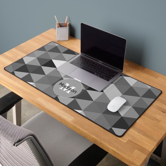 Retro black white triangles pattern Monogram Desk Mat (Office 2)