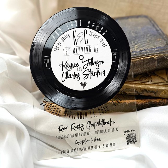 Retro Black White Vinyl Record Music Arch Wedding Acrylic Invitations (Unique retro black and white vinyl record monogram music theme arch acrylic wedding invitation QR)