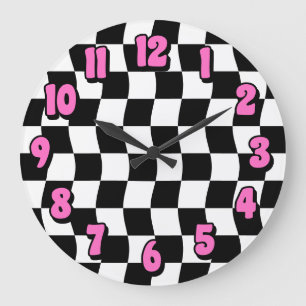 Retro Black White Wavy Checkerboard Pattern Large Clock