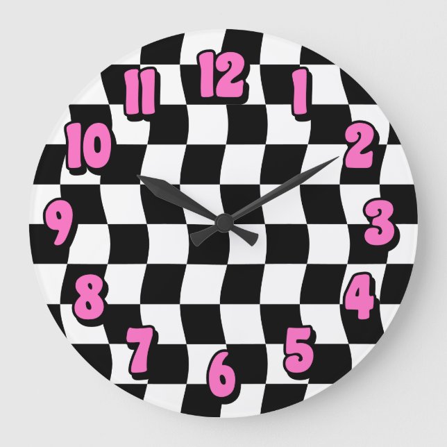 Retro Black White Wavy Checkerboard Pattern Large Clock (Front)