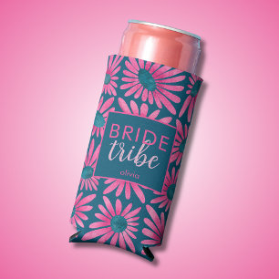Retro block print floral bride tribe seltzer can cooler