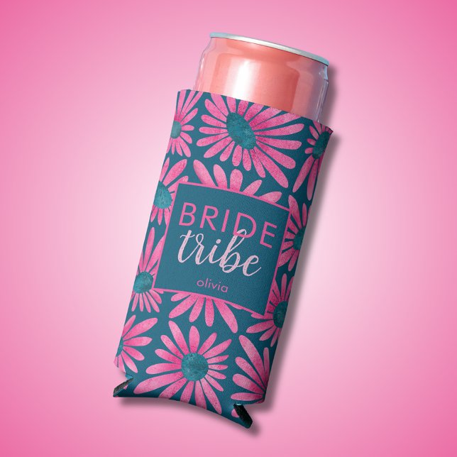 Retro block print floral bride tribe seltzer can cooler (Bride Tribe can cooler in retro pink floral. Great for bachelorette partiy, bridal showers & wedding)