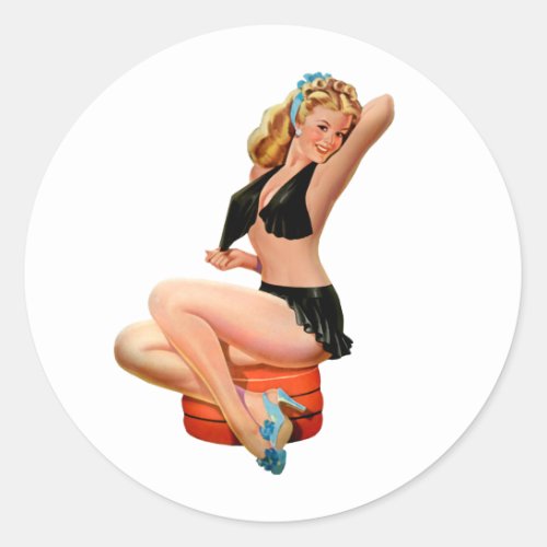 Retro Blonde pin_up girl in black mini skirt Classic Round Sticker