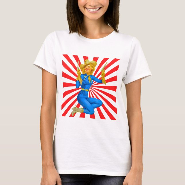 Retro Blonde Pin-up Girl in Western Boots T-Shirt (Front)