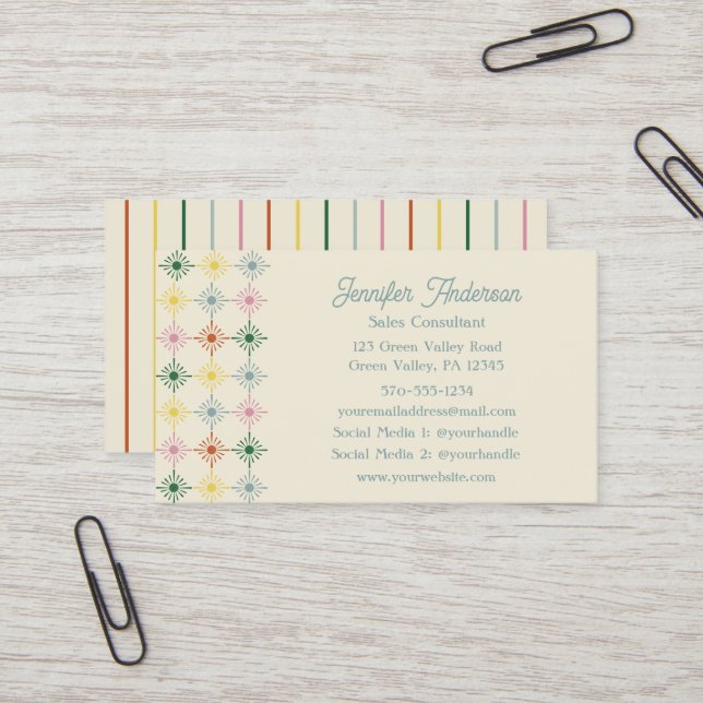 Retro Bloom Geometric Floral Print Business Card (Front/Back In Situ)