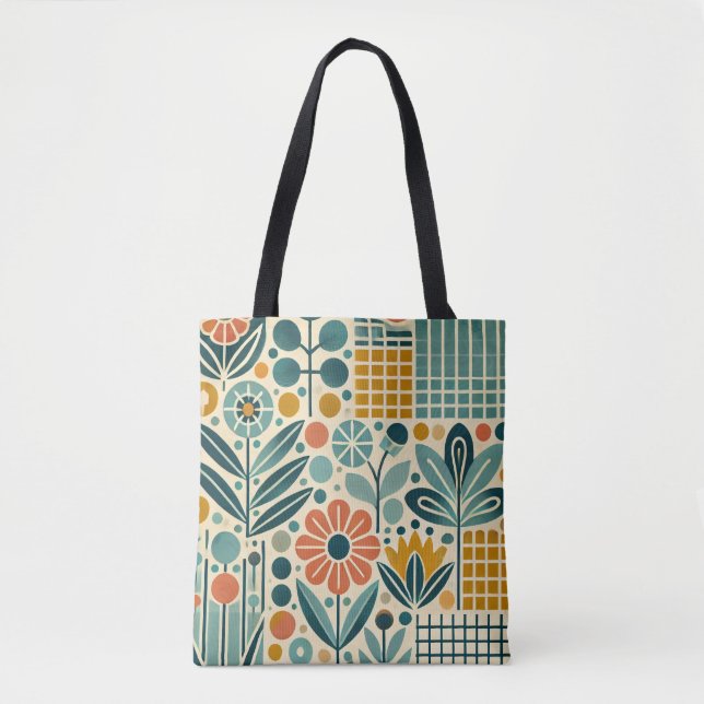 Retro Bloom Grid, floral tote bag (Front)