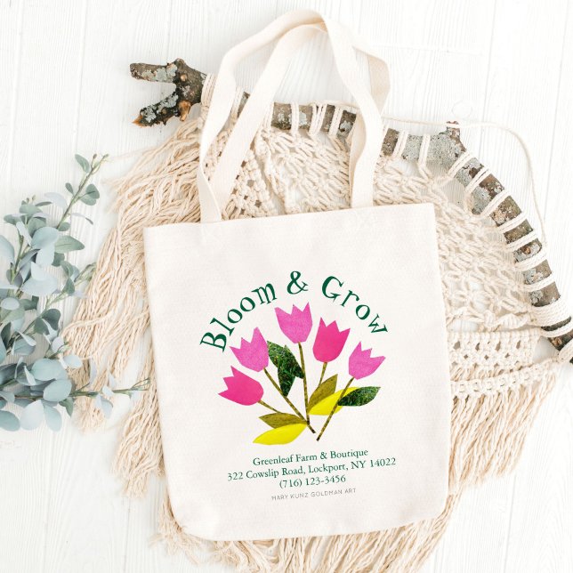 Retro Bloom & Grow Floral Garden Farm Boutique Tote Bag (These retro pink tulips are my own original art. Your business info appears in classic typography.)
