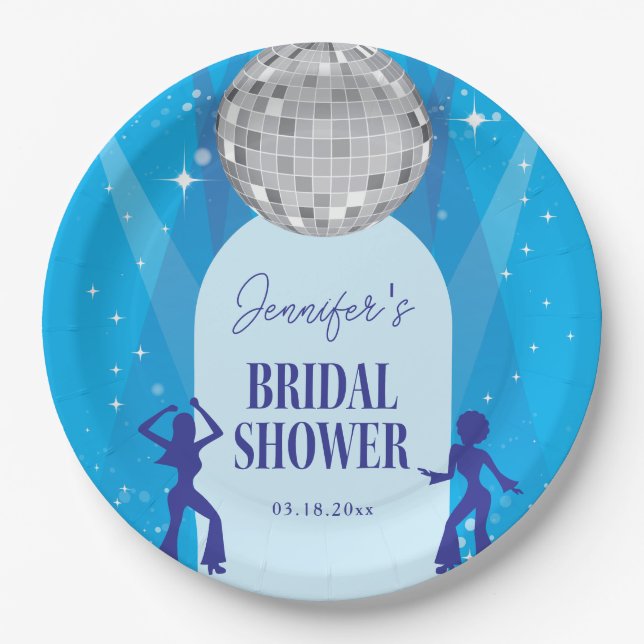 Retro Blue 70s Disco Dancing Queen Bridal Shower Paper Plates (Front)