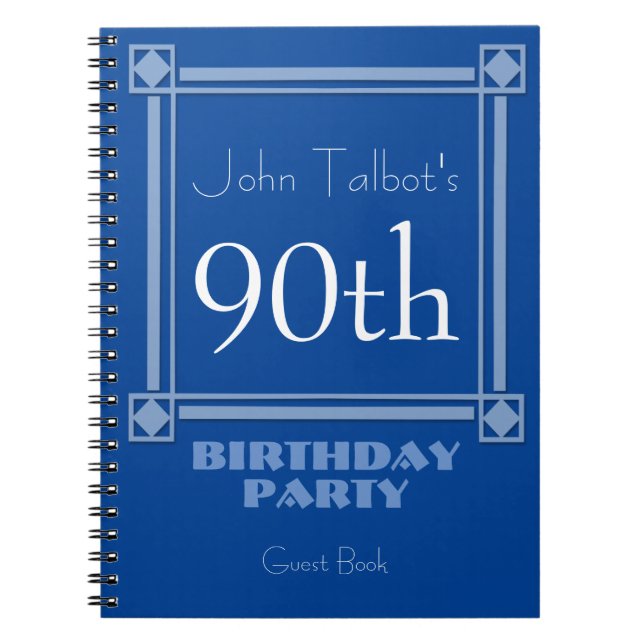 Retro Blue 90th Birthday Party Guest Book (Front)