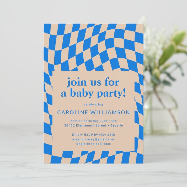 Retro Blue Abstract Checkerboard Baby Shower Invitation (Standing Front)