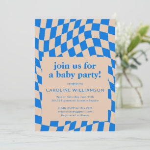 Retro Blue Abstract Checkerboard Baby Shower Invitation