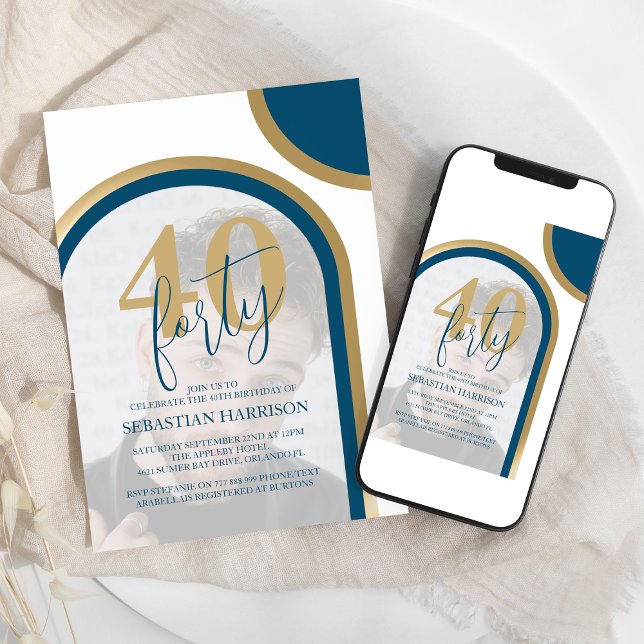 Retro Blue And Gold 40th Photo Birthday Invitation (Creator Uploaded)