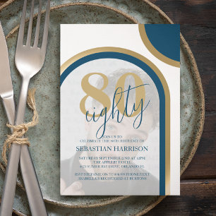 Retro Blue And Gold 80th Photo Birthday Invitation