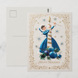 Retro Blue and Gold Holiday Girl Postcard