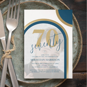 Retro Blue And Gold Photo 70th Birthday Invitation