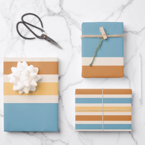 Retro Blue and Orange Blue Vintage Stripes Wrapping Paper Sheets
