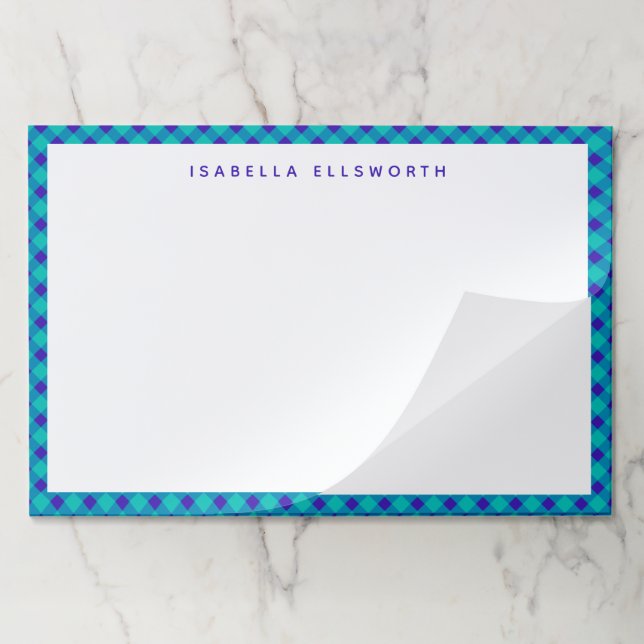 Retro Blue and Purple Gingham Plaid Personalized  Paper Pad (Folded)