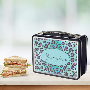 Retro Blue and Purple Leopard Print Monogram Metal Lunch Box