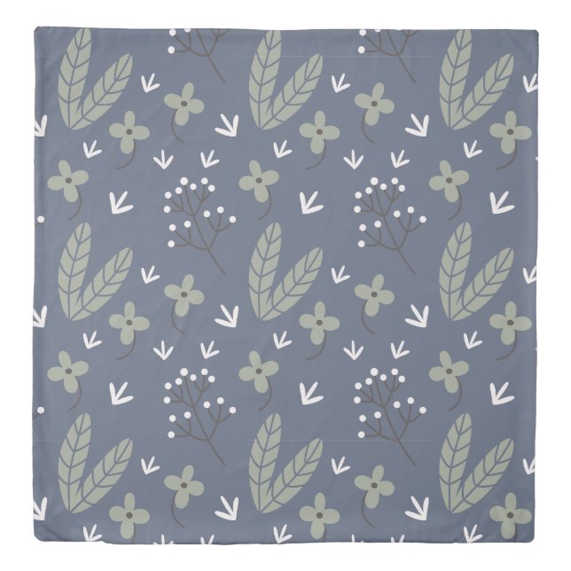 Retro Blue and Sage Green Wildflower Botanical Duvet Cover (Front)